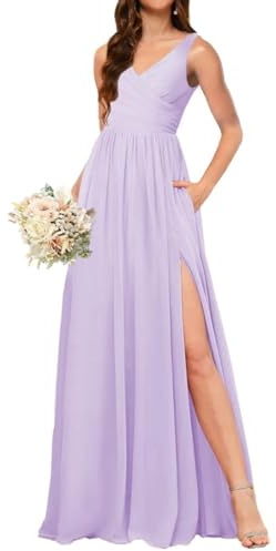 AHERKLL Ruffles Chiffon Bridesmaid Dresses V-Neck Party Prom Evening Gowns with Slit Maid of Honor Gown Long AH169 Lilac UK16