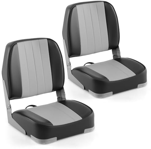 Goplus Low/High Back Boat Seats, Folding Boat Seat with Stainless Steel Screws & Aluminum Hinges, Thickened Sponge Padding, Waterproof Fishing Captain Boat Seats, Coastal Luxe (Black & Gray)