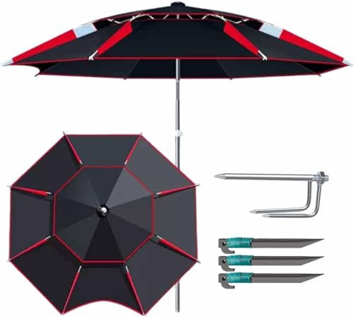 Ombrellone da Spiaggia Antivento Ombrello da Pesca All'aperto Protezione UV Ombrellone Portatile con Spina di Terra 200-260 Cm / 6,5-8,5 Piedi per Spiaggia Patio Giardin, Black Red, 200CM/6.5FT