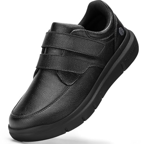 FitVille Extra Weit Herren Lederschuhe mit Klettverschluss Leichte Freizeitschuhe Bequeme Hausschuhe Sneaker Lässige Business Walkingschuhe,Schwarz,43 EU,Weit