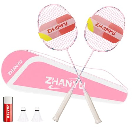Badminton Racket,Badminton Racket Set,82 Gram Lightweight Carbon Fiber One-Piece Molded Durable Grade Racket,Including 2 Rackets,2 Nylon Badminton,And 1 Ball Bag(021-pink)