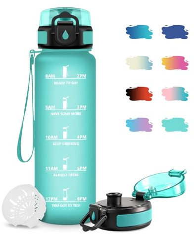 JAPORIA Borraccia 500ml, Riutilizzabile, Bottiglia con Filtro, Borraccia senza BPA, Bottiglia Motivazionale con Indicatore del Tempo, A Prova di Perdite, Borracce per Scuola, Ufficio, Campeggio
