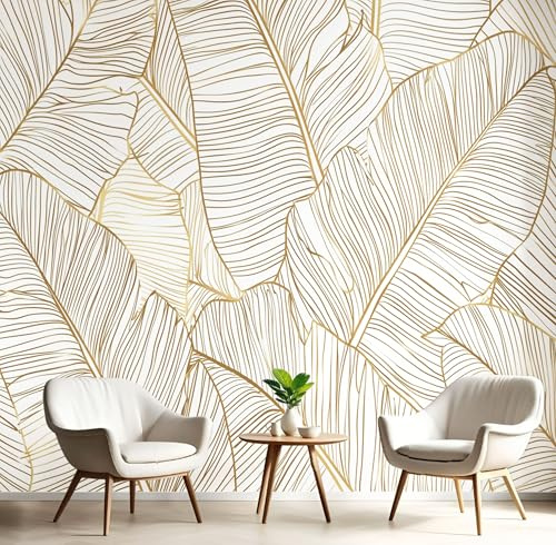 Papier Peint Intissé Mural Photo 350× 256cm Motif Luxe Feuilles Panoramique Poster Fresque Rayures Feuilles Bananier Plantes Murale Maison Bureau Restaurant, Blanc Décoration Murale Papier Peint