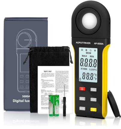 Luxmètre numérique Haute précision -5000A, pla étendue de 1 à 400000 lux, commutateur d'unités Lux/FC, Enregistrement Max/Min, écran intégré Maison et Bureau(Giallo)
