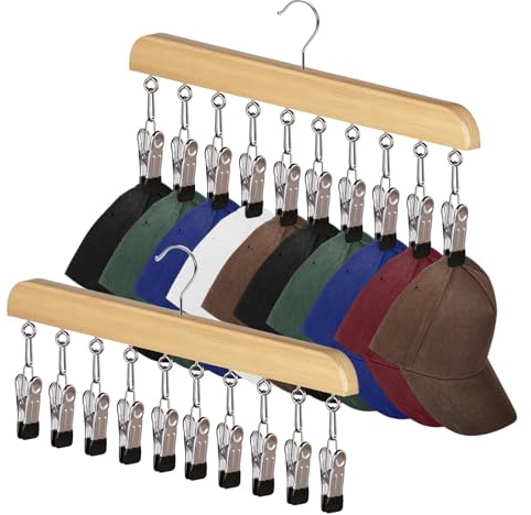2 PCS Hat Storage, Wooden Legging Organizer with 10 Stainless Steel Clips Baseball Anti Slip Hat Rack Hats Storage Organizer for Closet Scarves Towels Ties