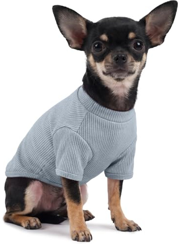 Dünner Hunde T-Shirt für Kleine Hunde – Leichter Rippstrick Hundepullover für Chihuahua, Zwergspitz & Yorkshire Terrier, Elastisch & Weich Hundeshirt, Alltag & Übergangszeit, Himmelsblau S