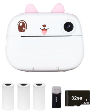 Imprimante thermique instantanée pour appareil photo avec 2 minuteurs d'écran de 10,2 cm, vidéo 1080p, impression sans encre, 3 rouleaux de lecteur de mémoire 32 G