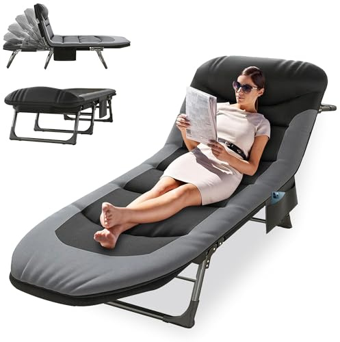 NomadNomics Adjustable 5-Position Folding Camping Bed for Adults,Padded Garden Sun Loungers Single with Mattress + Side Pockets, 190x65x30cm Portable for Travel Office Terrace (Dark gray)