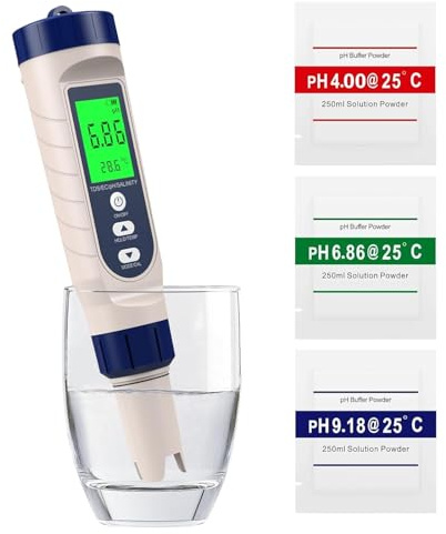 5 in 1 PH Messgerät Hochpräzision (± 0.01), PH/TDS/EC/Salzgehalt/Thermometer, pH Wert Messgerät Pool mit Blau Hinterleuchtetem LCD-Display & Automatischer Temperaturkompensation