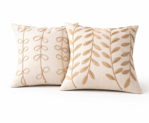 DALINA Fundas de Cojín 45x45 cm Efecto Lino Pack de 2 Unidades, Beige con Bordado Floral en Relieve, Decorativa para Sofá, Estilo Nórdico Natural, Suave y Elegante, Estilo C+D