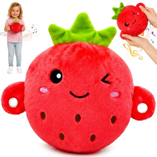 DONGTATA Interaktives Musik Plüschtier mit Berührungssensor, Pädagogisches Stofftier, Weiches Kuscheltier für Babys Kleinkinder, Geburtstagsgeschenk, Erdbeer
