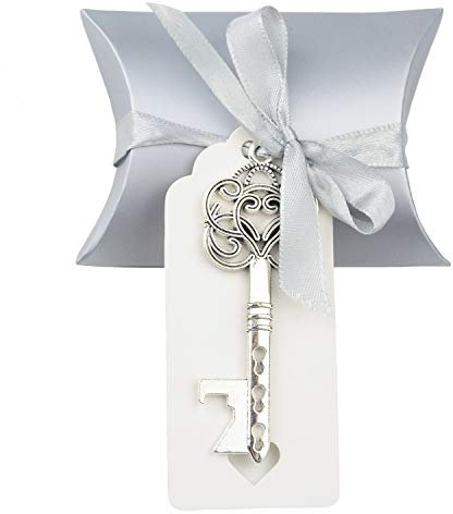 Makhry 50 pz Vintage Chiave Apribottiglie Matrimonio Chiave Apribottiglie Matrimonio Bomboniere Souvenirs Set con Etichetta di Ringraziamento e Nastro Francese(Argento Antico)