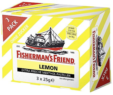 Fisherman's Friend Lemon, 3er Vorratsbox, Zitrone und Menthol Geschmack, zuckerfrei & vegan, Bonbons für frischen Atem, 3 x 25g