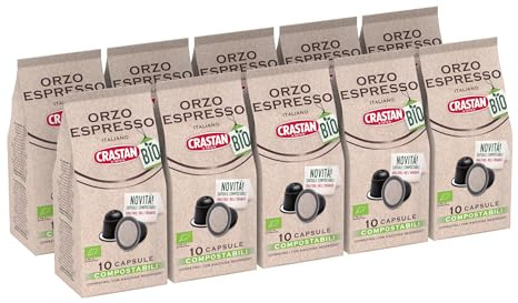 CRASTAN 1870 - Capsule Compostabili Compatibili Nespresso - Orzo Espresso Biologico - 10 Box da 10 Capsule - Totale 100 caspule - Naturalmente privo di caffeina