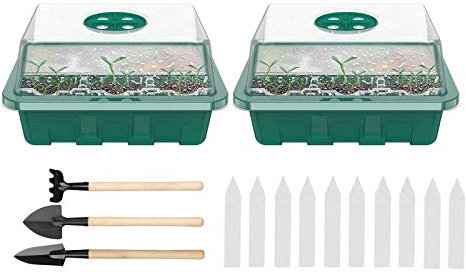 JYSSH Anzuchtschalen Setzling, Mini Gewächshaus Anzuchttöpfe, Kunststoff Zimmergewächshaus Anzucht Schale Töpfe Mit 10 Stück Pflanzenetiketten Und 3 Bonsai Werkzeug,Green
