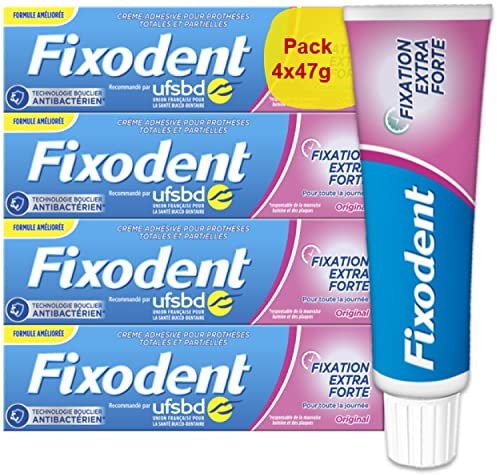 Fixodent Crème Fixative Original Méga Pack, Adhésive Pour Prothèses Dentaires, Fixation Extra Forte, Bouclier Antibactérien, Menthe Douce, 4 x 47g
