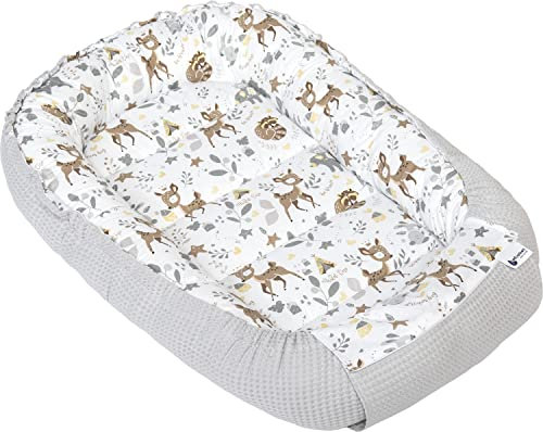 Medi Partners Babynest Nestchen für Neugeborene - 100x60x15 Babynestchen Baby zweiseitg Nest Bett 100% Baumwolle Waffel Kuschelnest tragbar (REH mit Grauer Waffel)