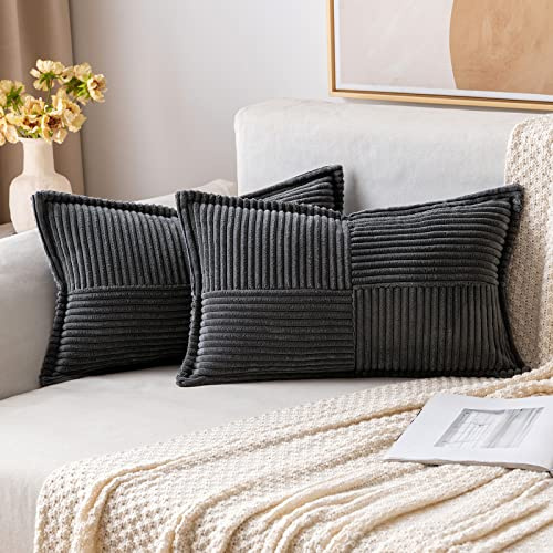 MIULEE 2er Set Kissenbezug 30×50cm Kordsamt Biese Patchwork Dunkelgrau | Mit Biese und Patchwork Design formstabil farbtreu mit Reißverschluss dekorativ für Sofa Bett Gästezimmer Büro und Terrasse