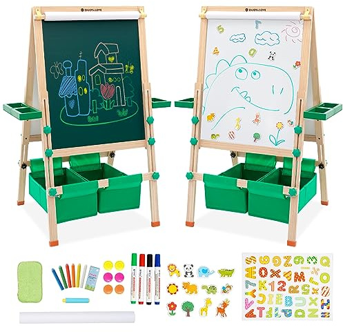 Staffelei für Kinder mit Papierrolle, Holztafel, Whiteboard, Malpapier und Zubehör, All-in-One Holzstaffelei für Kinder, höhenverstellbar von 90 bis 110. Trocken abwischbares Board für Kleinkinder