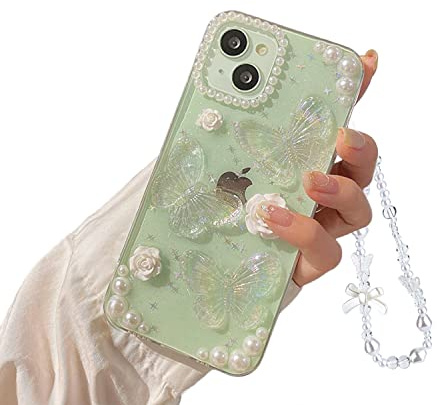 Ownest Compatible with iPhone 13/14 Clear Case Cute 3D Butterfly Floral Design Aesthetic Women Teen Girls Glitter Pretty Crystal Sparkly Girly Phone Cases for iPhone 13/14+Pearl Chain