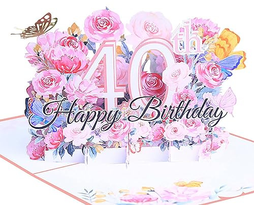 Geburtstagskarte zum 40. 3d blume pop up geburtstag karte Grußkarten Geschenk-Karte mit Umschlag Happy Birthday Greeting Card für vierzig 40 jahre frau, Mütter, Freunden, Familie women wife (Rosa)