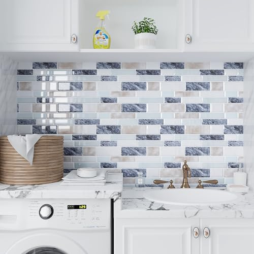 VEELIKE Piastrelle Adesive Cucina Mattoni Blu Verde 3d Mattonelle Adesive Bagno Mosaico Adesivi per Piastrelle Impermeabile Paraschizzi Cucina Muro Adesivo Doccia Lavanderie 30,5cm x 30,5cm 6 Pezzi