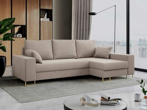 MKS MEBLE Ecksofa Dorian L-Form, Wohnlandschaft mit Schlaffunktion & Bettkasten, Schlafsofa mit Kissen, Couch mit Schlaffunktion - Bezug Samt (Velvet), Farbe Hellbraun