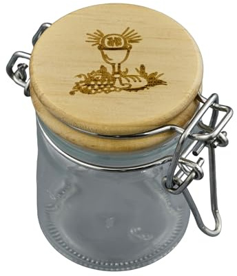 Doni Bomboniere Kommunion 12 Stück Glas mit Deckel aus Holz Dose Gewürzdose Bonbons Konfekt Marshmallow Konfekt Tischkarte Kelch und Hostie sind die Symbole auf den Religiösen graviert