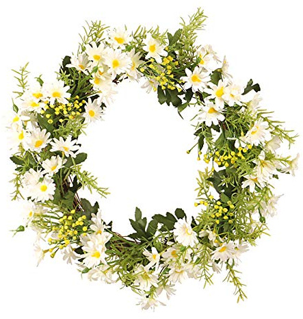 BEIJIALY Künstlicher Gänseblümchen-Blumenkranz, Gänseblümchen-Kränze, 34,9 cm, Künstlicher Blumen-Frühlingskranz für Haustür, Künstlicher Seiden-Blumenkranz mit Grünen Blättern(Weiß)