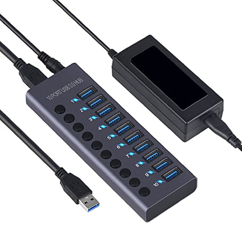 VBESTLIFE Hub USB 3.0 con Alimentación, 10 Puertos Adaptador Multipuertos USB de 60 W Carcasa de Aleación de Aluminio Estación de Acoplamiento USB 3.0 con Interruptores de Alimentación LED