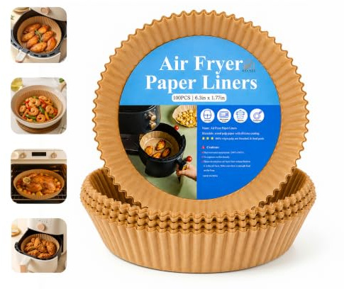 Air Fryer Liners 16cm Round, 100 Pack, Non-Stick Unbleached Parchment Paper | Lab Tested for Food Contact Safety | Disposable Air Fryer Inserts | Greaseproof Baking Paper Sheets | for Baskets & Drawers