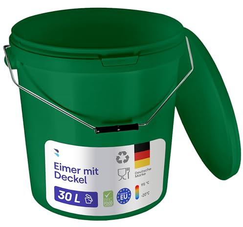 BenBow Seau avec Couvercle 30L Vert 1x 30 litres - Compatible Alimentaire Stable hermétique étanche Neutre en Odeur - récipient en Plastique avec poignée en métal - résistante aux Fissures - Vide