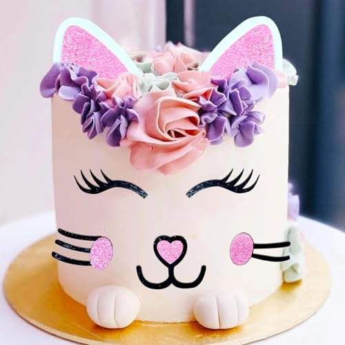 JeVenis Cat Cake Topper Cat Ears Eyelashes Cake Set Cake Decorations for Cat Themed Birthday Party Cute Meow Birthday Party Boy Girl Baby Shower Party Decoration
