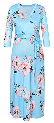 FGUUTYM Sommer-Umstandsmode Sieben-Punkt-Ärmel mit V-Ausschnitt, Gürtel, Druck, Laktationskleid, Schießen, Fotokleid, Schwangere, vorne offenes Wischkleid Jackenerweiterung Babytrage (Blue, L)