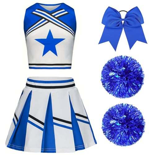 XFOZDM Cheerleader Kostüm Kinder Cheerleader Kostüm Kleid Mädchen Cheer Uniform mit Pompoms und Kopfschmuck Cheerleading Outfit Kinder für Faschingskostüme Halloween Karneval