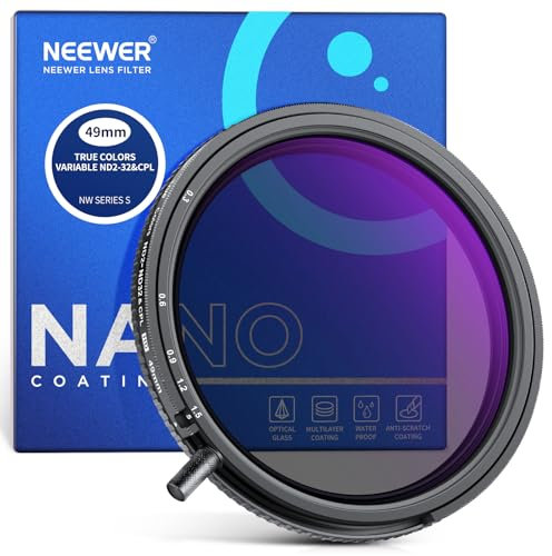NEEWER 49mm Color Verdadero Variable ND2-ND32 y CPL Filtro, 2 en 1 Polarizador Circular y Densidad Neutra Ajustable, Vidrio Óptico HD Multicapa/Marco Aluminio/Repelente al Agua/Resistente a Arañazos