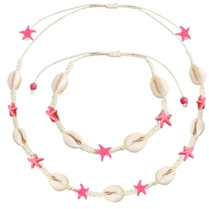 Wnddle 2pcs Collar de Conchas y Pulsera de Conchas Set, collar de conchas, Collar de Concha Natural, Hawaiian Beach Style Collar Ajustable Shell Pulsera, Mujeres Niñas Verano Playa Joyería