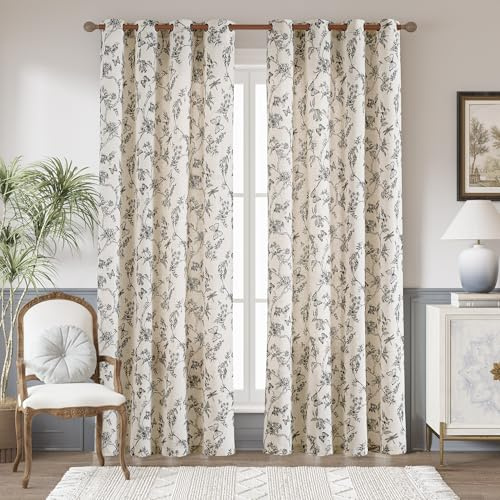 jinchan Floral Linen Curtains for Living Room 84 Inch Length Butterfly Curtain Black Floral Curtains French Country Farmhouse Curtain Flower Patterned Drapes Window Treatment Set 2 Panels