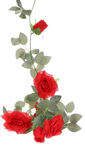sourcing map 6 Stück künstliche Rosen Blumen Girlande Ranke Seide Wildblume Girlande Fake Hängende Blumen Grüne Blätter für Wand Party Hochzeit Bogen Floral Decor Home Rot