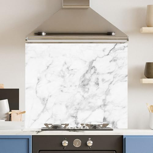 Toughened 6mm Glass Kitchen Splashback 90 x 65cm Veiny White Marble - Polished Heat Resistant Back Splash for Cookers Hob