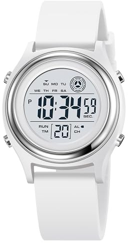 findtime Reloj digital para mujer, resistente al agua, reloj de pulsera con alarma y cuenta regresiva, reloj deportivo para mujeres y niñas, retroiluminación LED, correa de silicona, blanco
