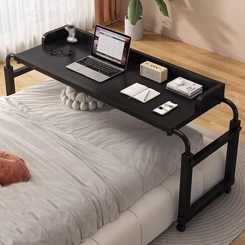 Betttisch Auf Rollen 65-95cm Höhenverstellbar MDFs Betttische, mit 360° Universalrollen und Erhöhtem Stopper, Geeignet für Haus, Krankenhaus(Black,140x40cm)