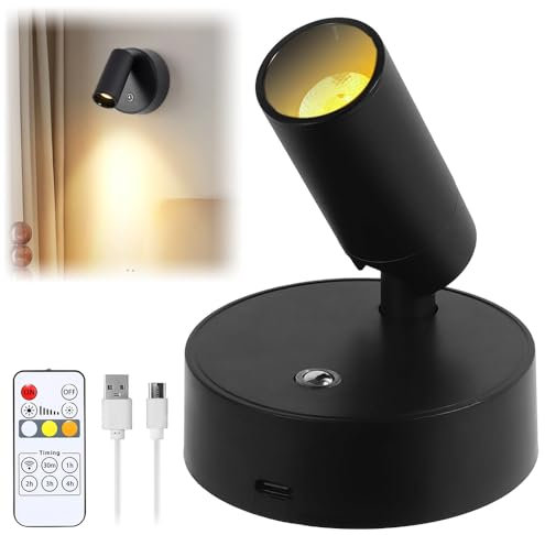 Dhqkqg Wireless LED Spotlight, Rechargeable LED Wall Lights with Remote, 3 Colors & Dimmable Magnetic 360° Rotation Wall Lighting Spotlights, Picture Light Battery Operated for Artwork, Plant, Potrait