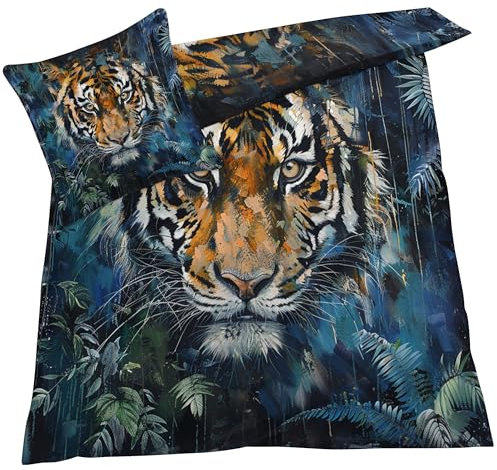 YELDAN Tiger Bettwäsche 140x200 Winter, Tropische Tiere Bettbezug 140x200 2er Set, Wendebettwäsche und Kissenbezug, Weiche & Atmungsaktive Mikrofaser Bettwäsche-Sets