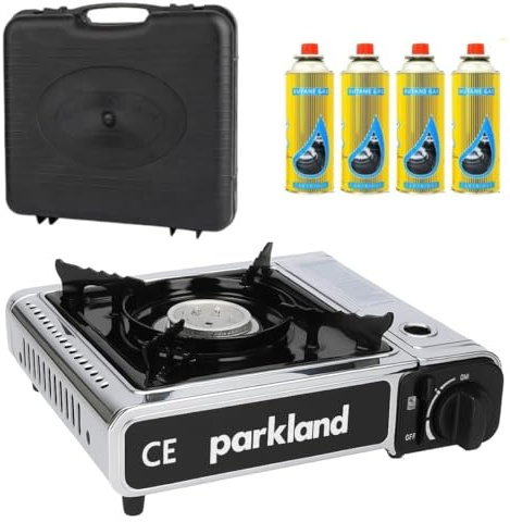 Camping Stove with Carry Case and 4 Butane Gas Canisters - Premium Portable Chrome Finishing Gas Stove EN417 Compliant With Heat Control, Piezo Ignition system- Outdoor Cooker For Picnic & Garden
