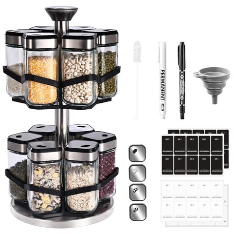 SAEIV Carrusel giratorio de dos niveles de 360° con 12 tarros de especias de 120 ml, reloj de 360° a elegir, estante para especias giratorio, estante para especias de acero inoxidable, organizador de