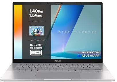 ASUS Vivobook S 14 S3407CA-LY040W - Ordenador Portátil 14 WUXGA (Intel Core Ultra 7 255H, 16GB RAM, 1TB SSD, ARC 140T, Windows 11 Home) Gris Mate - Teclado QWERTY español