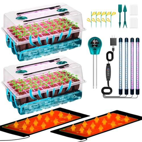 Hugbow Self-Watering Seed Starter Tray with Grow Light and Heat Mat, 80-Cell Plant Starter Trays Seed Starter Kit, Seed Starter Tray for Seed Starting, Plant Germination & Seedling Growing, 2 Pack
