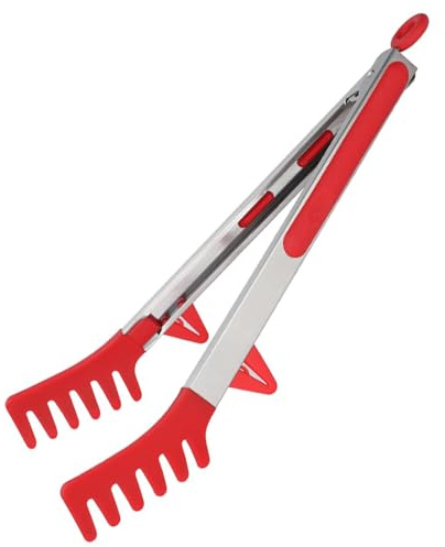 Upgraded Silicone Spaghetti Spoon & Pasta Tong,Non-stick Sturdy Pasta Fork with Teeth,Stainless Steel Handle Spaghetti Tong, Food Clip for Spaghetti Noodles,Server Spoon for Cooking and Serving(Red)