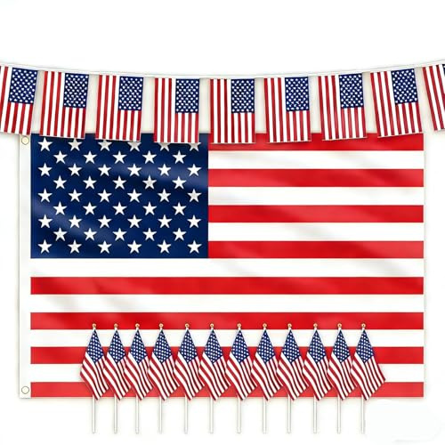 AhfuLife USA Flagge Set, Amerika Deko Set mit Amerikanische Flagge Groß, Amerika Wimpel, 10 Stück Kleine Amerikanische mit Stab, Rot Blau Weiß Party Deko für WM 2026 USA July 4th